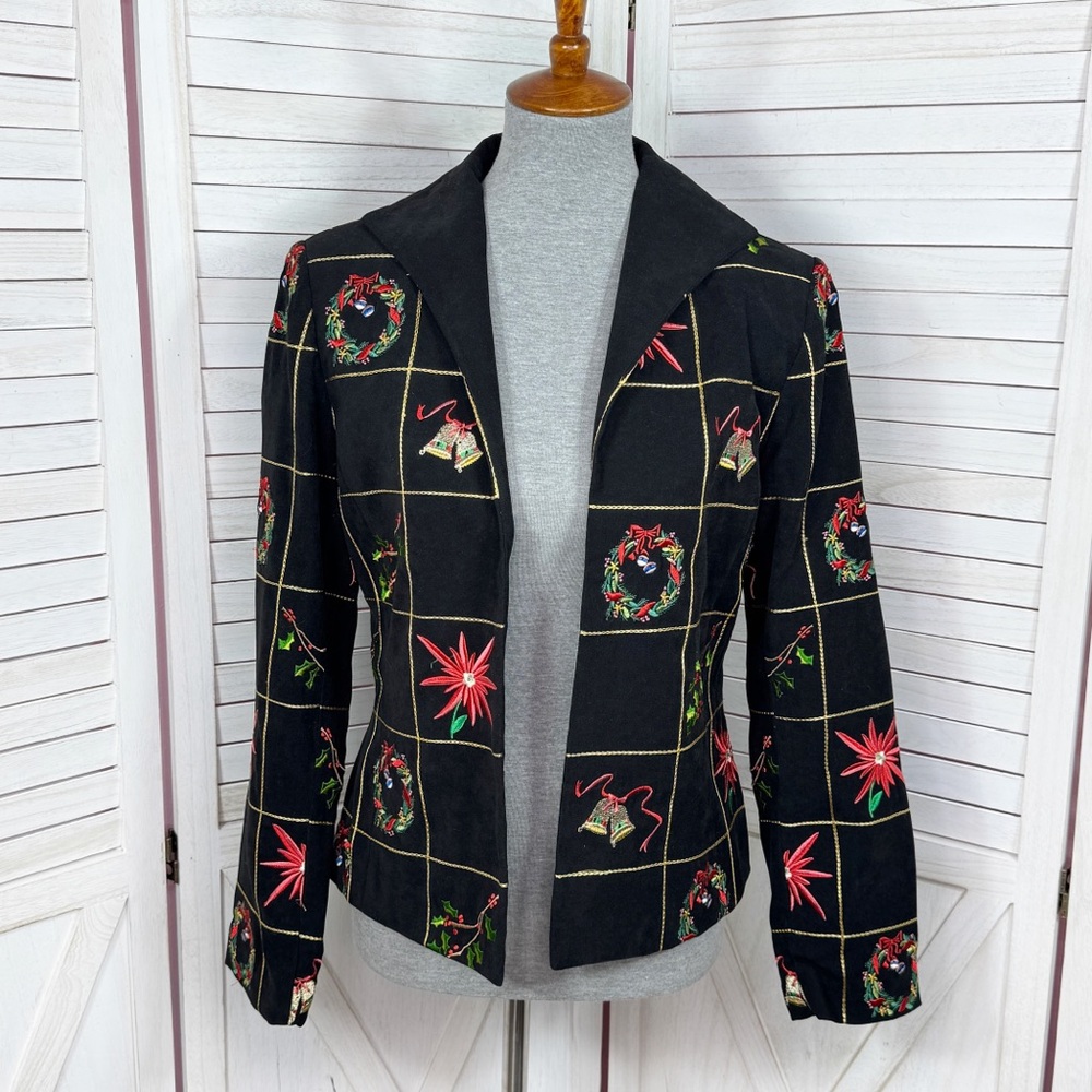 MAK‎ New York Christmas Embroidered Blazer Open Front Jacket Black Multi 8